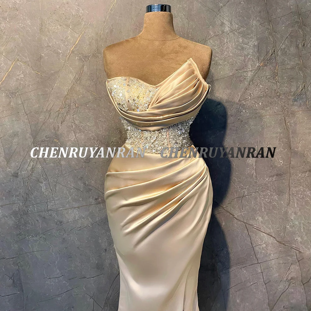 Customized Satin Evening Dresses Long Luxury Sweetheart Split Sexy Prom Gowns Bead Mermaid Satin Elegant Dress Wedding Party New