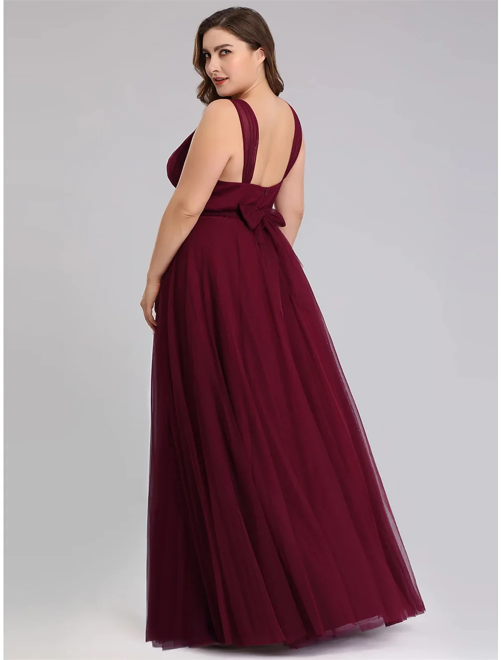 A-Line Bridesmaid Dress V Neck Sleeveless Plus Size Floor Length Tulle with Bow(s) Ruching Bandage 2022 Open Back