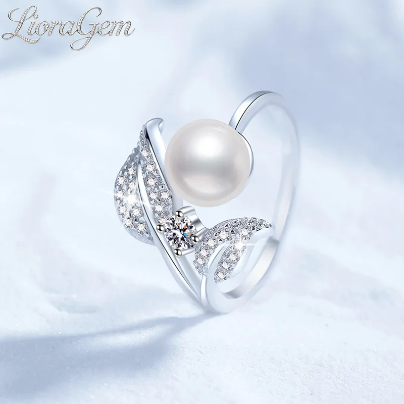 

LioraGem 10 Points Moissanite Leaf Ring for Women Inlaid with Freshwater Pearl Petal Adjustable Ring Platinum PT950 Stamp