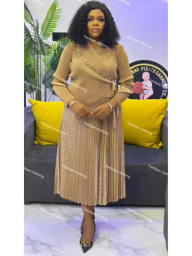 مياكي الطيات 2025 الخريف جديد البرنز الربط فستان البدلة طوق حبة حزام فضفاض فساتين حريمي #3