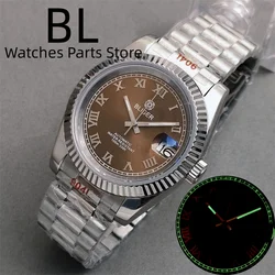 BLIGER 36mm 39mm Sunburst Brown Dial Silver Roman Index Luminous NH35A Automatic Men Watch Stainless Steel Strap Sapphire Glass