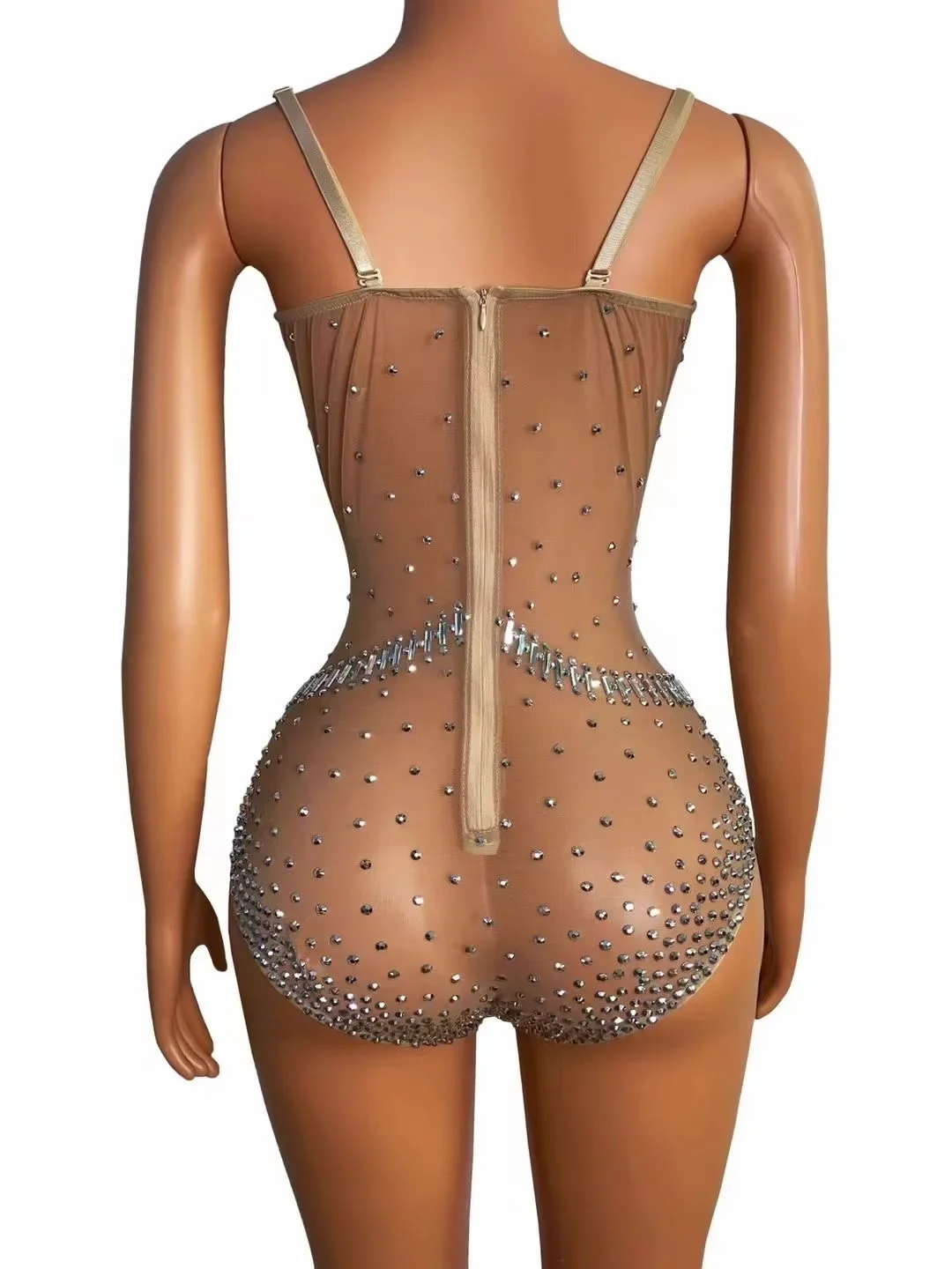 Nude Spaghetti Strap Shining Rhinestones Crystal Sexy Bodysuits For Women Nightclub DJ Clothing Singer Prom Stage Costumes