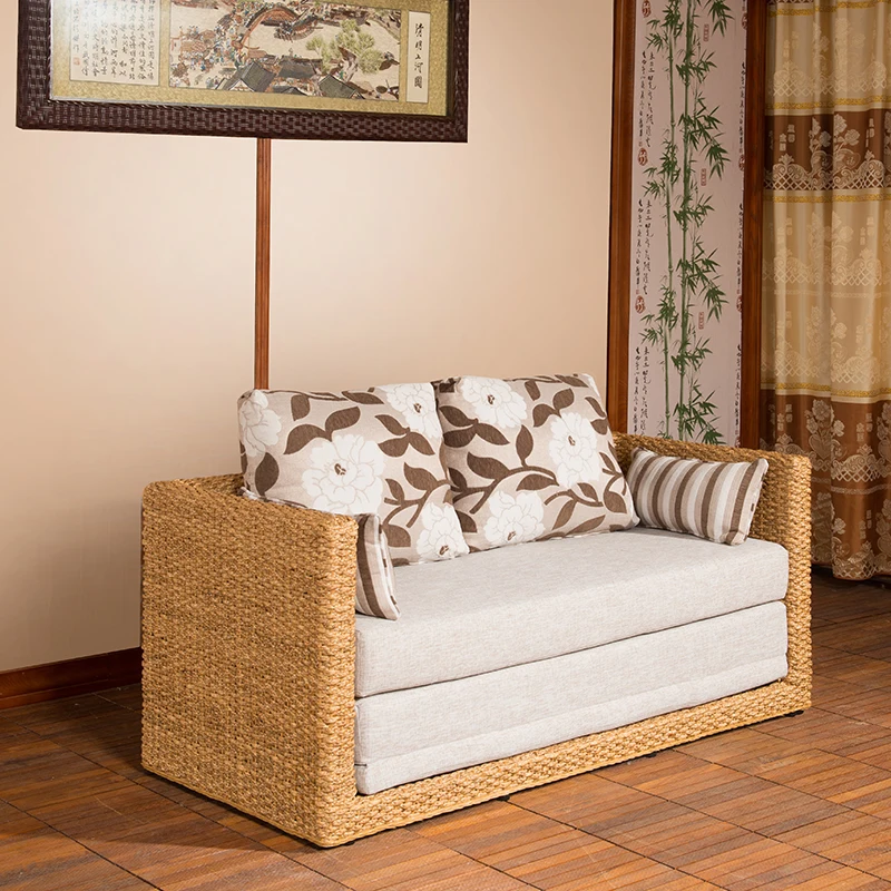 Small unit dual use multifunctional rattan woven sofa bed