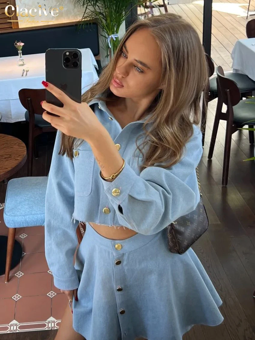 Clacive Fashion Loose Blue Denim 2 Piece Sets Women Outfit Elegant Long Sleeve Crop Top With High Waist Mini Skirts Set Female