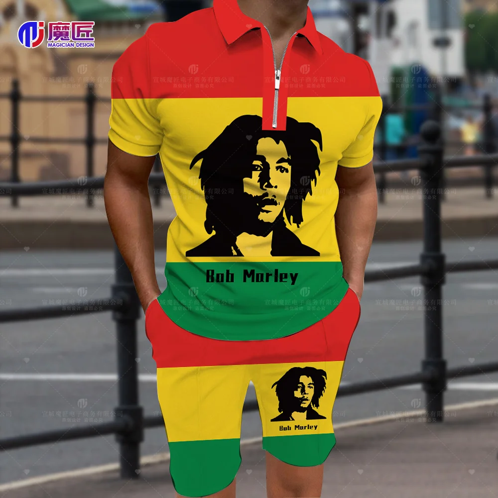 Bob Marley Short-Sleeved POLO Shirt Lapel Suit Sports Meeting Fashion Men\'s Shirt + Shorts Casual 2-Piece Fitness Running Suit