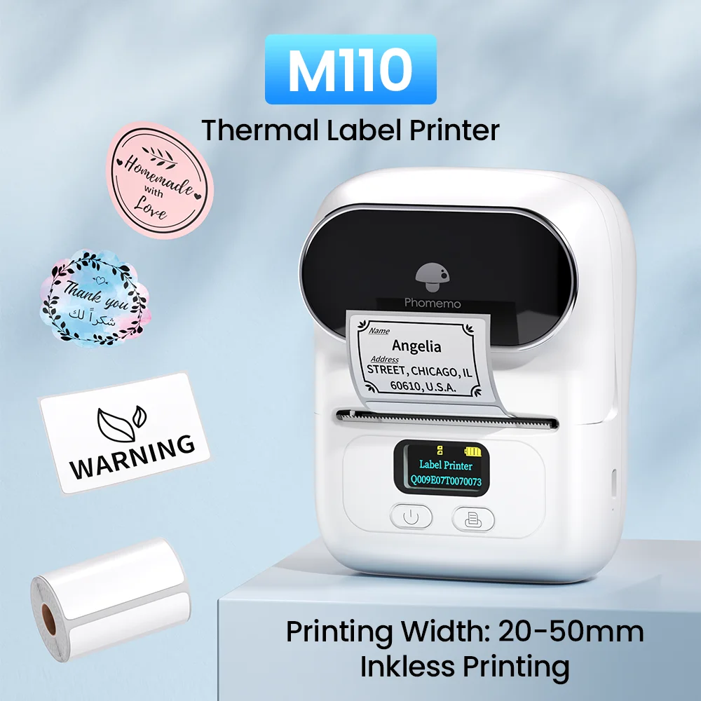 Phomemo 203dpi M110 M220 M108 Label Maker Tag Price Portable Thermal Label Printer with White Photo Labels for Bakery/Business