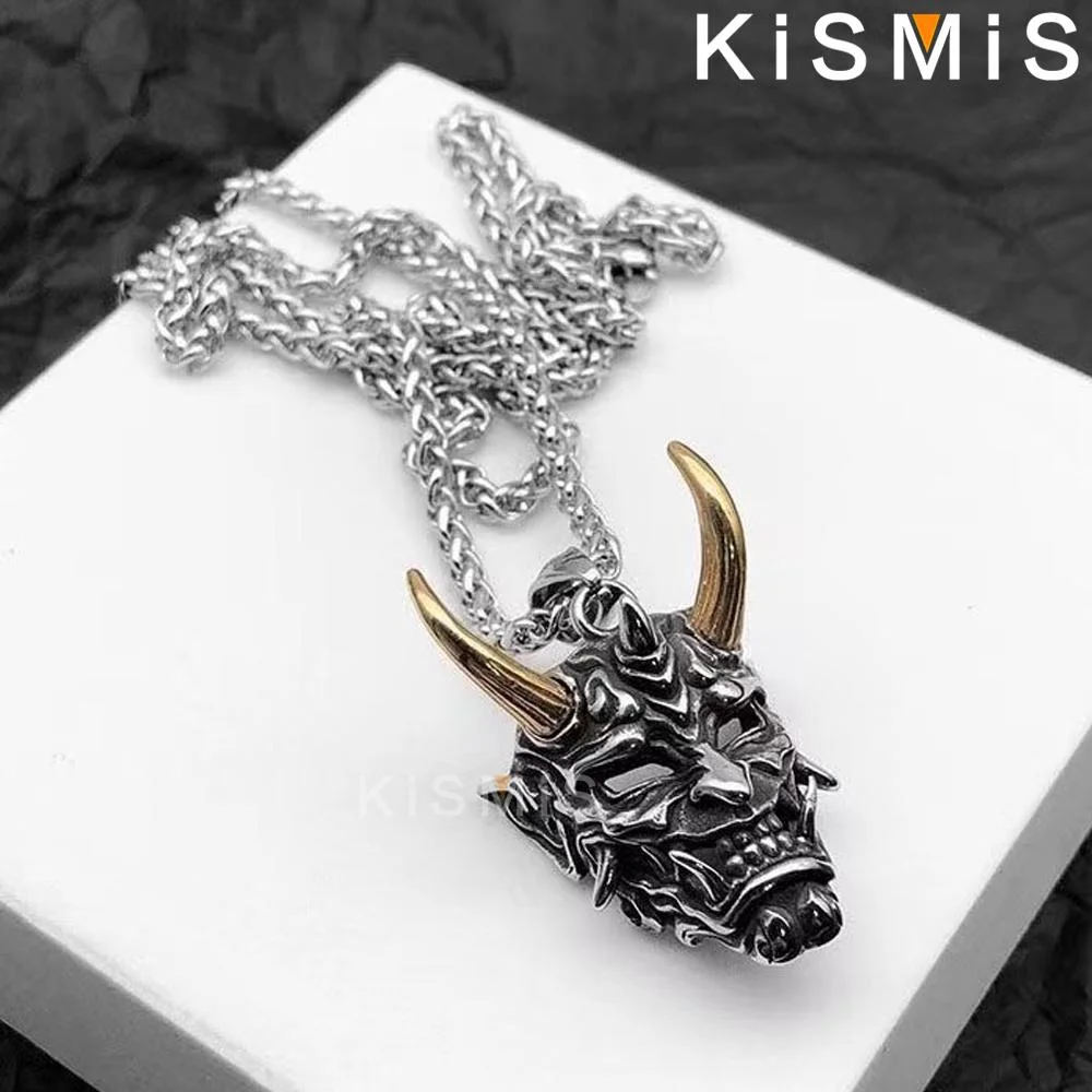 KISMIS 1PC Men's Evil Demon Horn Skull Pendant Necklace Vintage Gothic Punk Stainless Steel Jewelry image 4