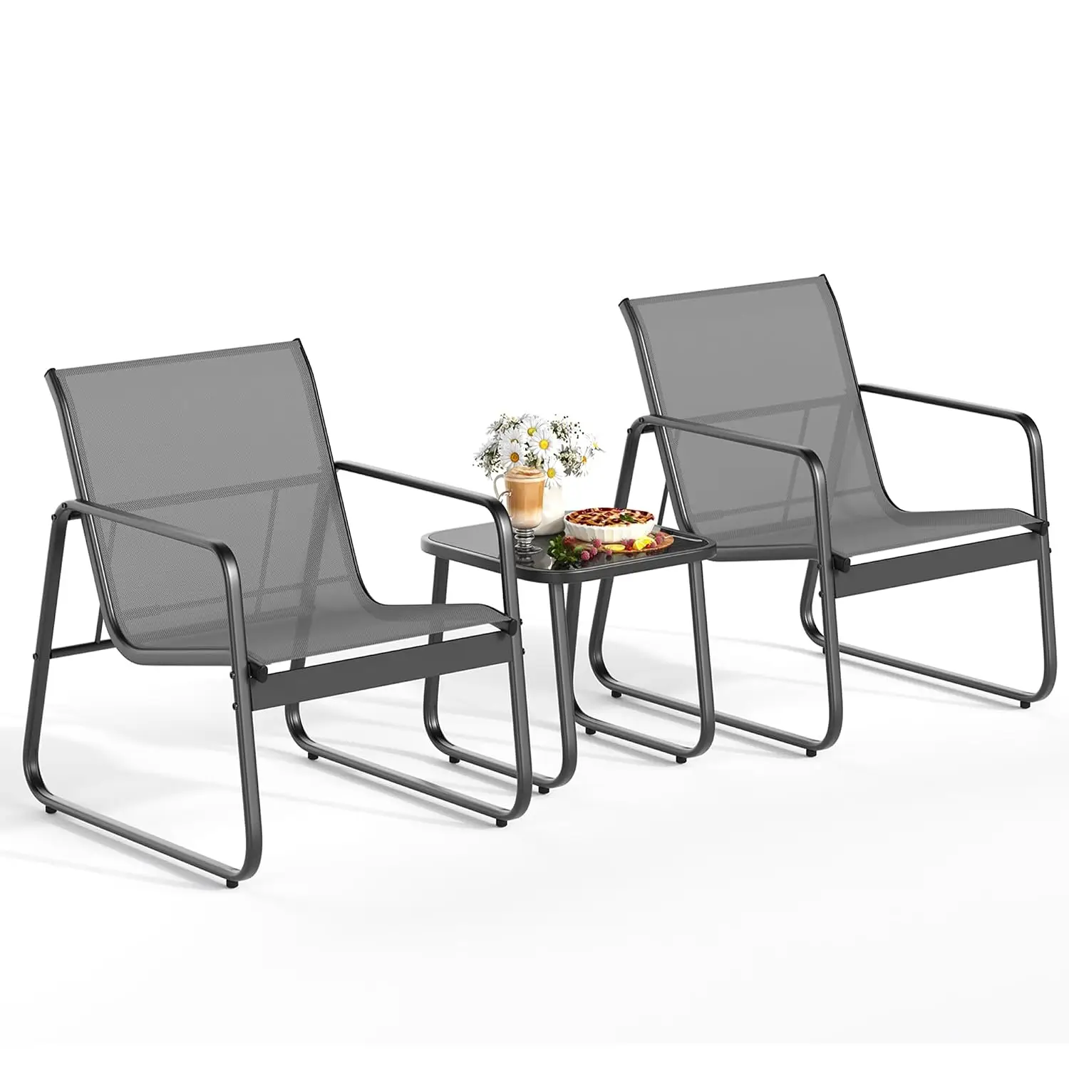 3PCS Patio Bistro Set, Teslin Fabric & Metal Frame, Coffee Table, Outdoor Chair for Balcony Backyard Garden, Grey, Customized