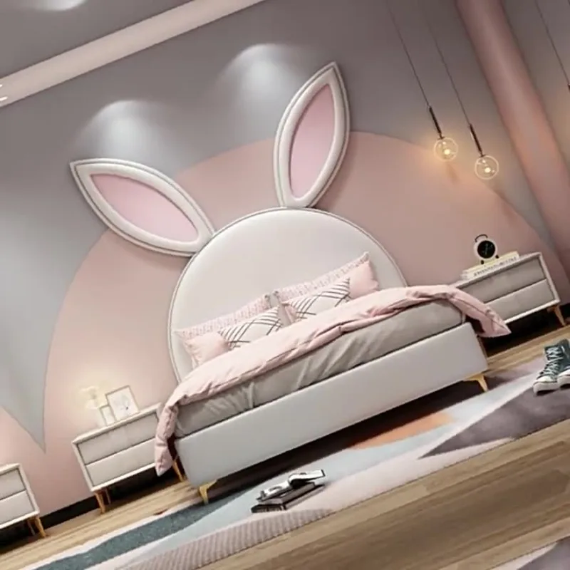 

Детская кровать с итальянским кроликом, кровать принцессы для девочек, кровать для спальни с мультяшными кроличьими ушками, кожаная кровать, современная простая односпальная кровать, детская кровать