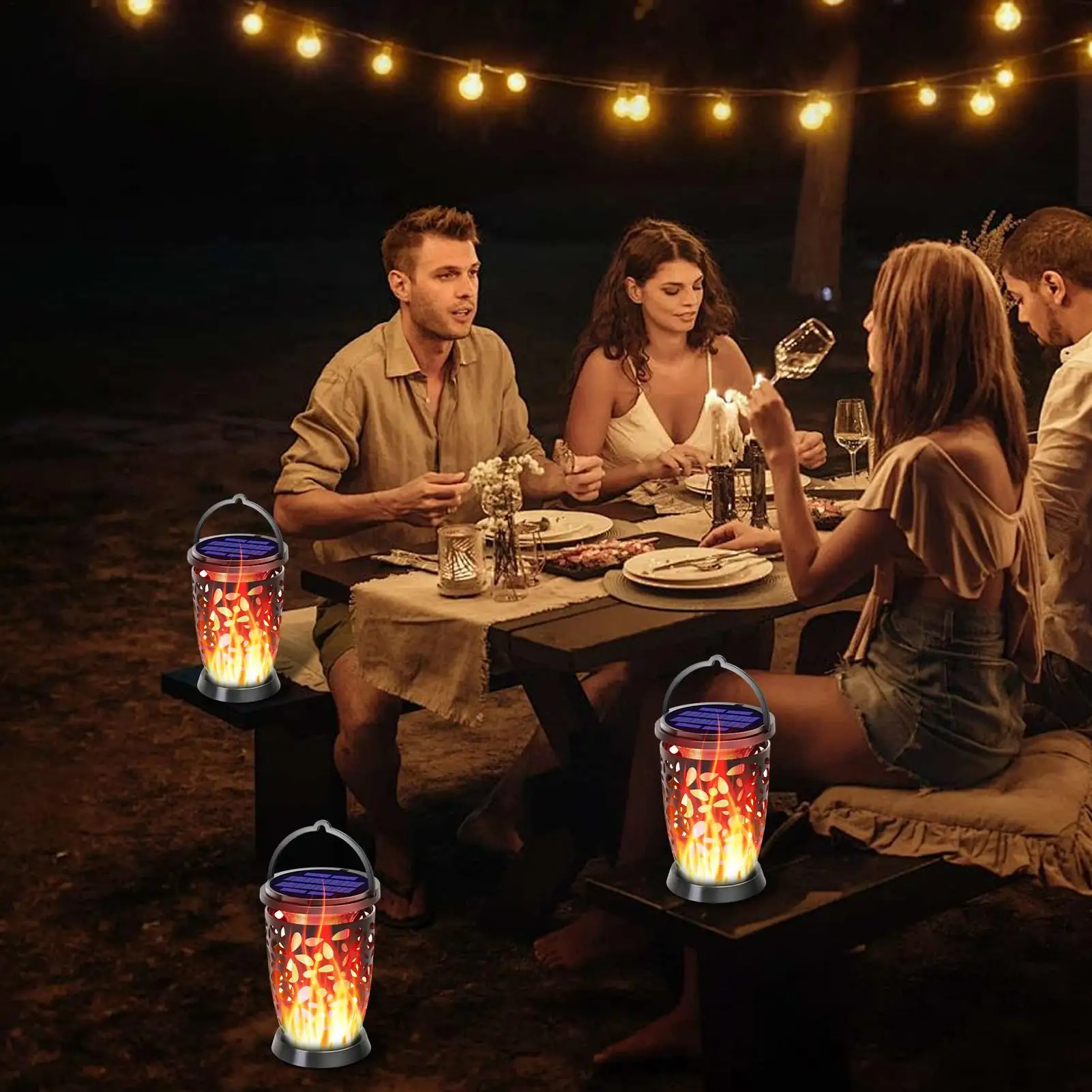 

Solar Lanterns Outdoor Waterproof Flickering Flame Garden Light Hangable Hollow Lanterns For Backyard Walkway Driveway Balcony