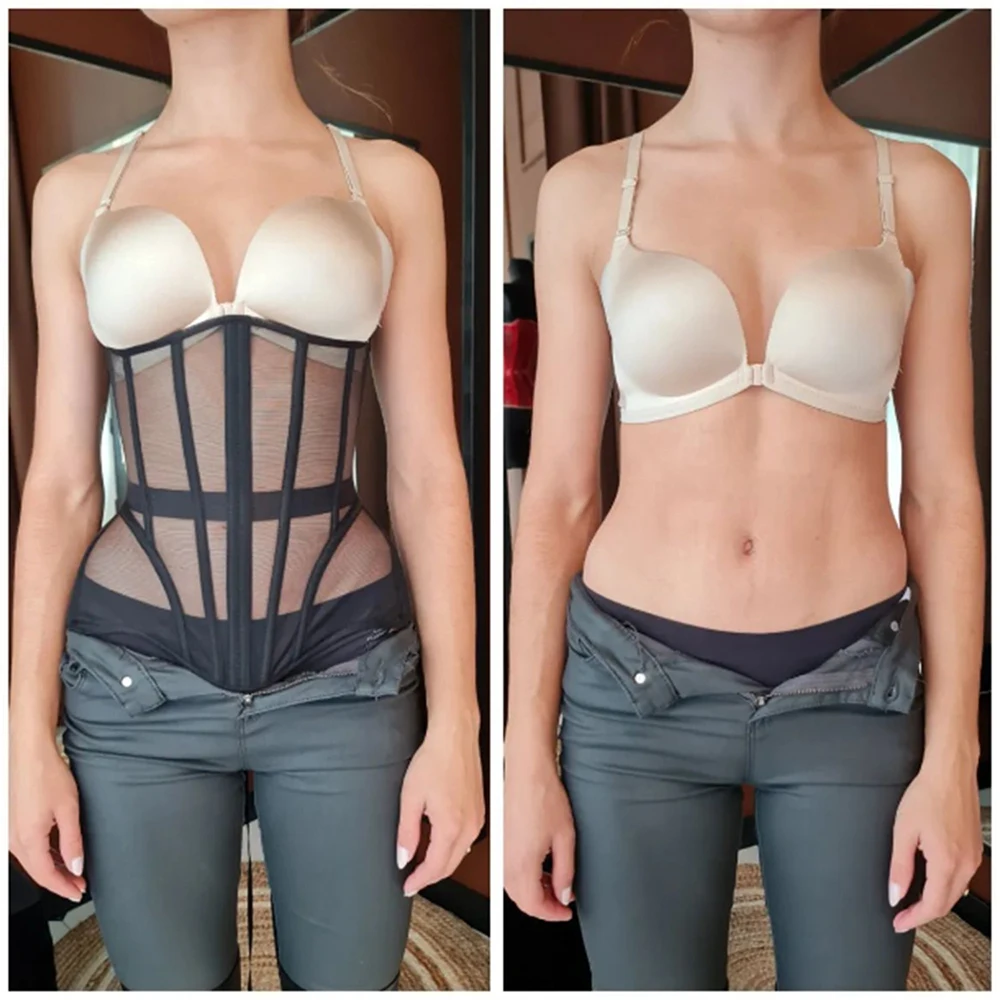 Femal Abdomen Tight Corset Crops Under Bust Bustiers Breathable Mesh Waist Girdle With Bones Slimming Lace Up Bodices view 6