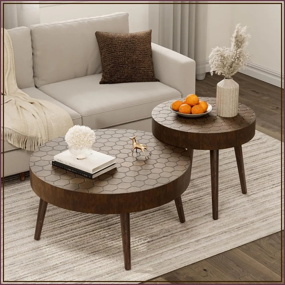 Round Coffee Table Set of 2 Nesting Tables with Honeycomb Pattern End Table for Living Room Brown