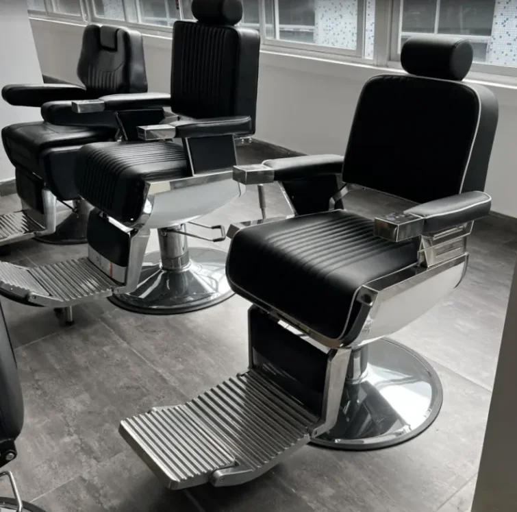 Chaises de barbier à hauteur de siège réglable, plaque plaquée, chaise pour salons de coupe de cheveux, entièrement personnalisée, noire, moderne