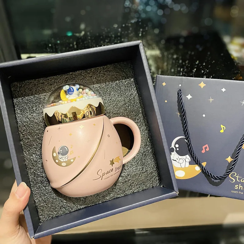 Astronauta Série Caneca Cerâmica com Tampa SpoonCute Business Gift Box, Copo De Chá De Café Criativo, Presentes De Meninas De Aniversário De Feriado