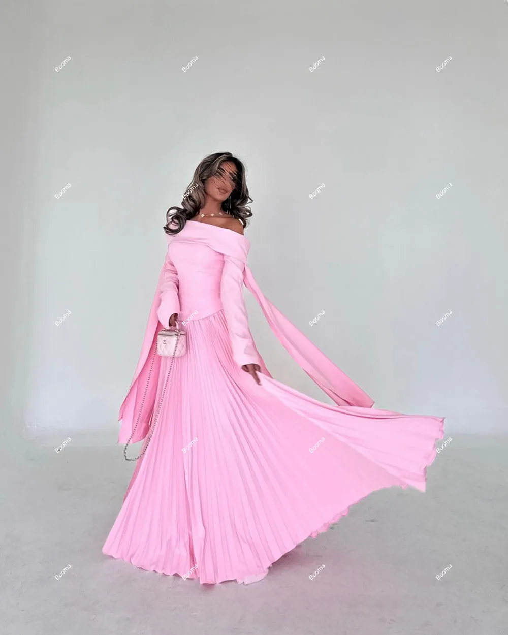 Booma Pink A-Line Evening Dresses Boat Neck Pleats Long Sleeves Formal Occasion Dresses for Women Saudi Prom Gowns Customized