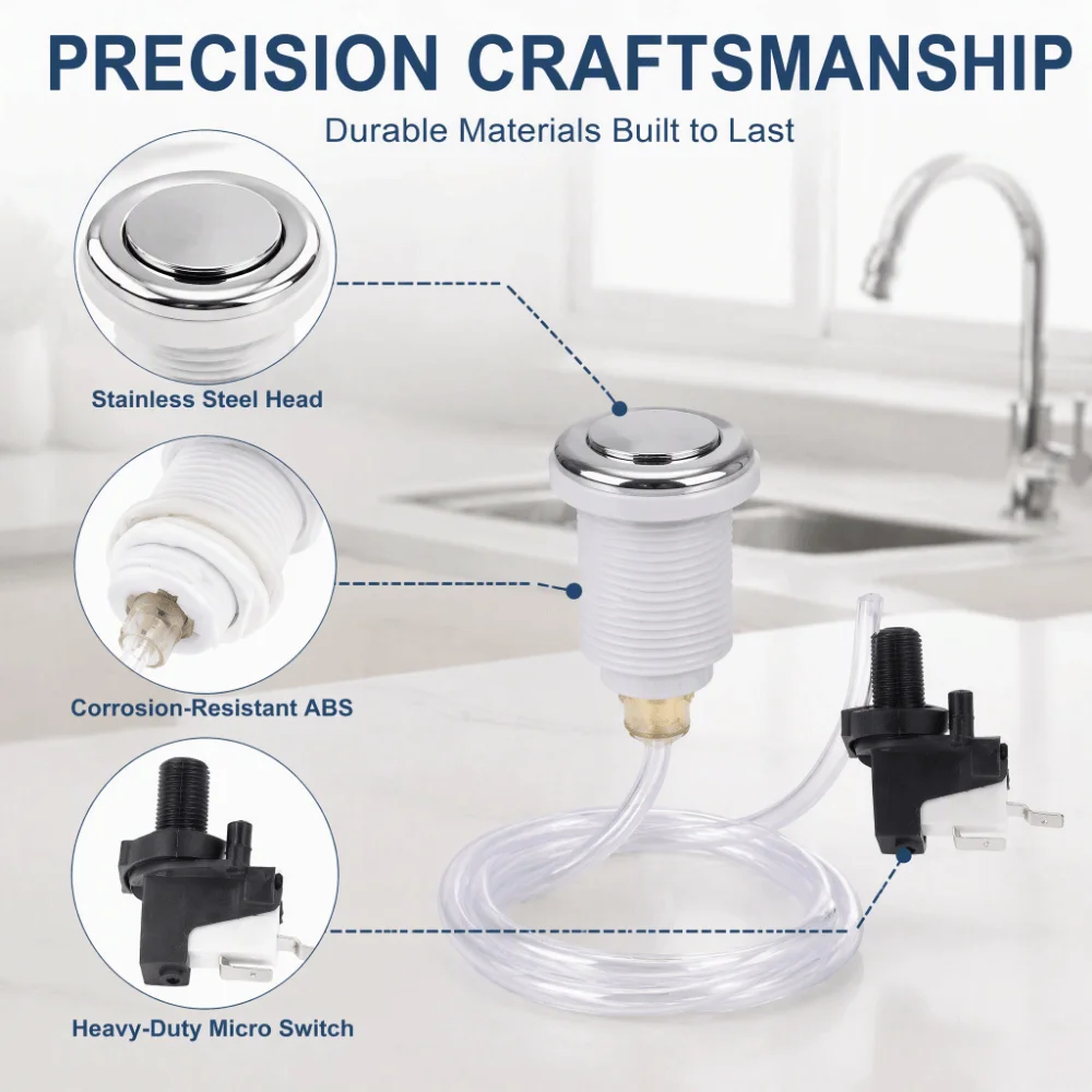 Modern ABS and Stainless Steel Air Switch Kit White Push Button Garbage Disposal Switch Air Button Switch For Bathtub