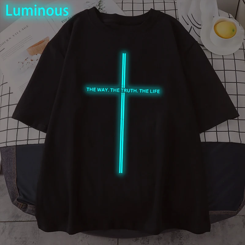 

Jesus Cross Print Christian T-shirt for Men Women Clothes "The Way The Truth The Life" Short Sleeve Luminous Style Religion Tees