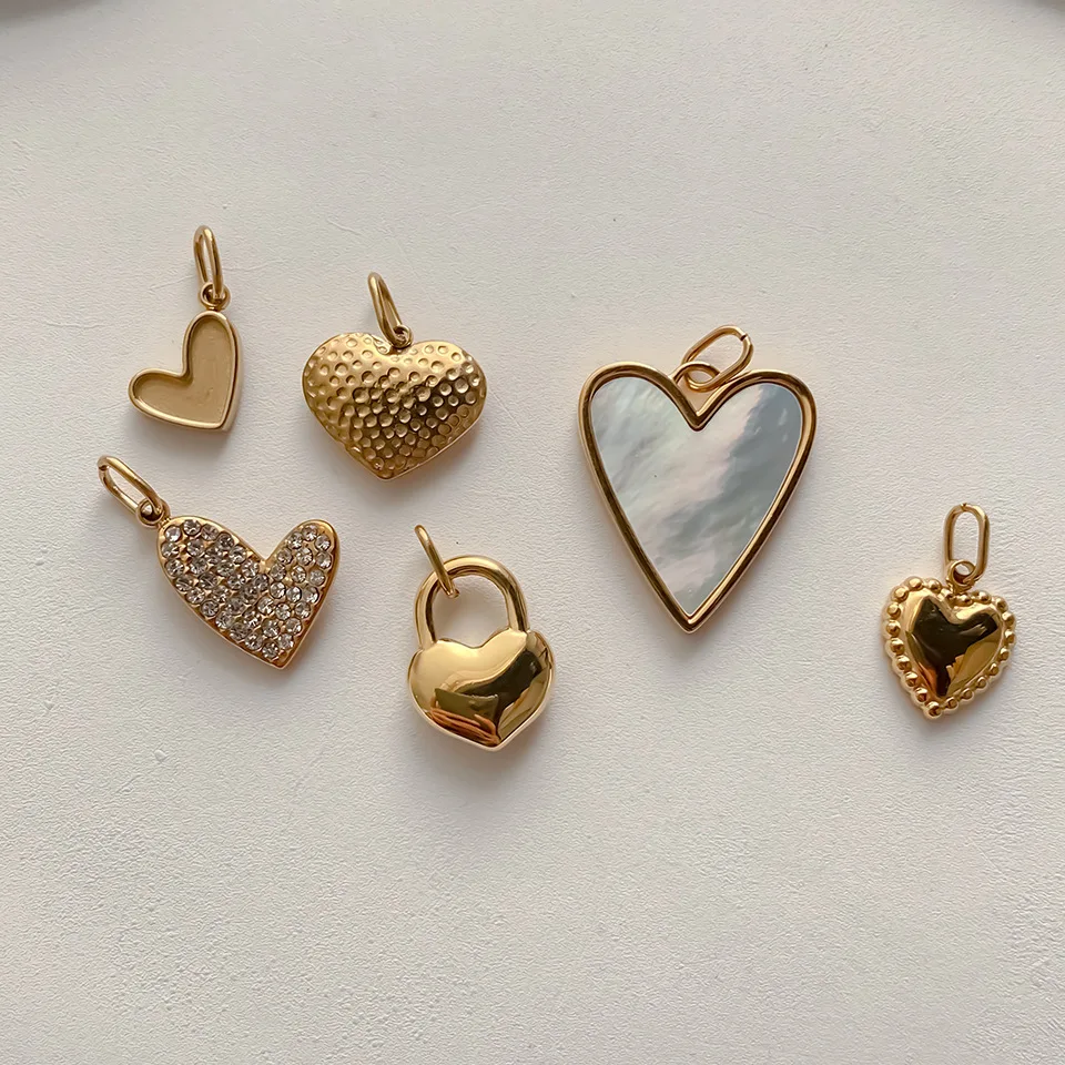 14K Gold Plated Stainless Steel Heart Pendant Mix Styles Shell Inlay Puffy Smooth Textured Heart Charms for Necklace Jewelry