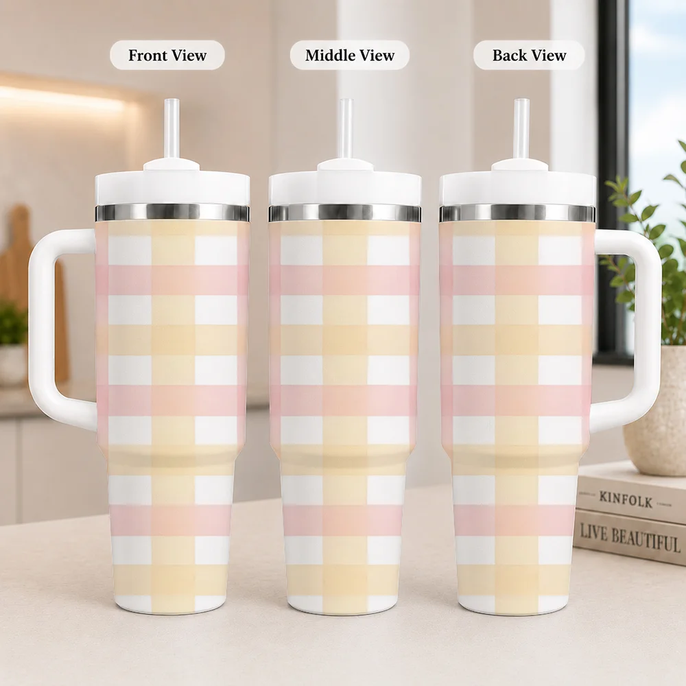 Pink Cute Stripe Vacuum Flasks 40oz Leakproof Steel Tumbler W/ Lid Straw Handle Hot Cold Drinks