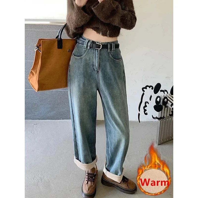 

Outdoor Winter Velvet Lined Jeans Straight Pants Baggy Streetwear Warm Trousers Ankle-length Plush Vintage Denim Wide Leg Broek