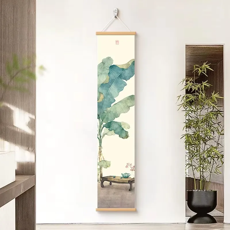 Zen Wall Decor Scroll - Japanese Ink Banana Leaf Art Minimalist Oriental Hanging for Tea Room Study Office Aesthetic Room Decor
