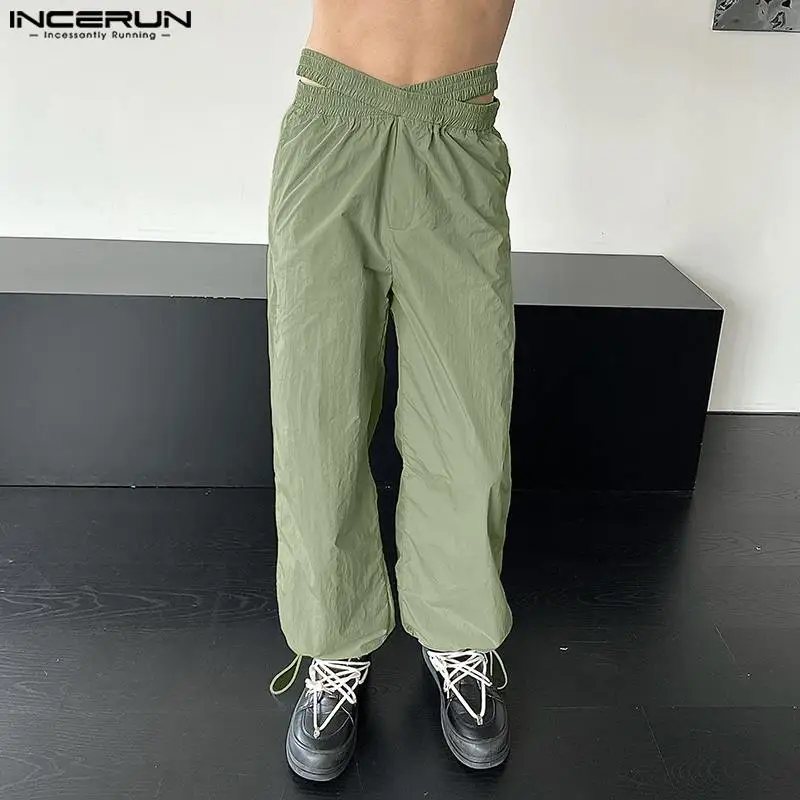 INCERUN Men Pants Solid Color Elastic Waist Streetwear Joggers Loose Hollow Out Trousers Men 2024 Fashion Casual Pantalon S-5XL