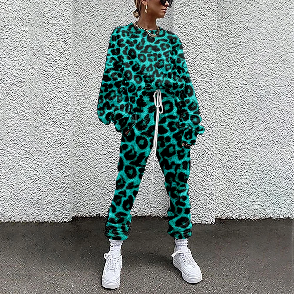 

SOJINM 2022 Women Tracksuit Sweatshirt+Straight Sweatpants Leopard Spotted Print 2 Piece Outfit Matching Fitness Sporty