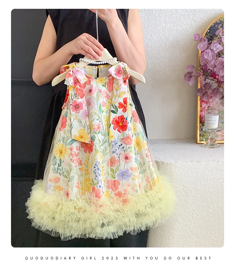 2026 New Baby Summer Girls Yellow Printed  Dress, Princess Kids Sweet Fashion Party Dress  2-8 T