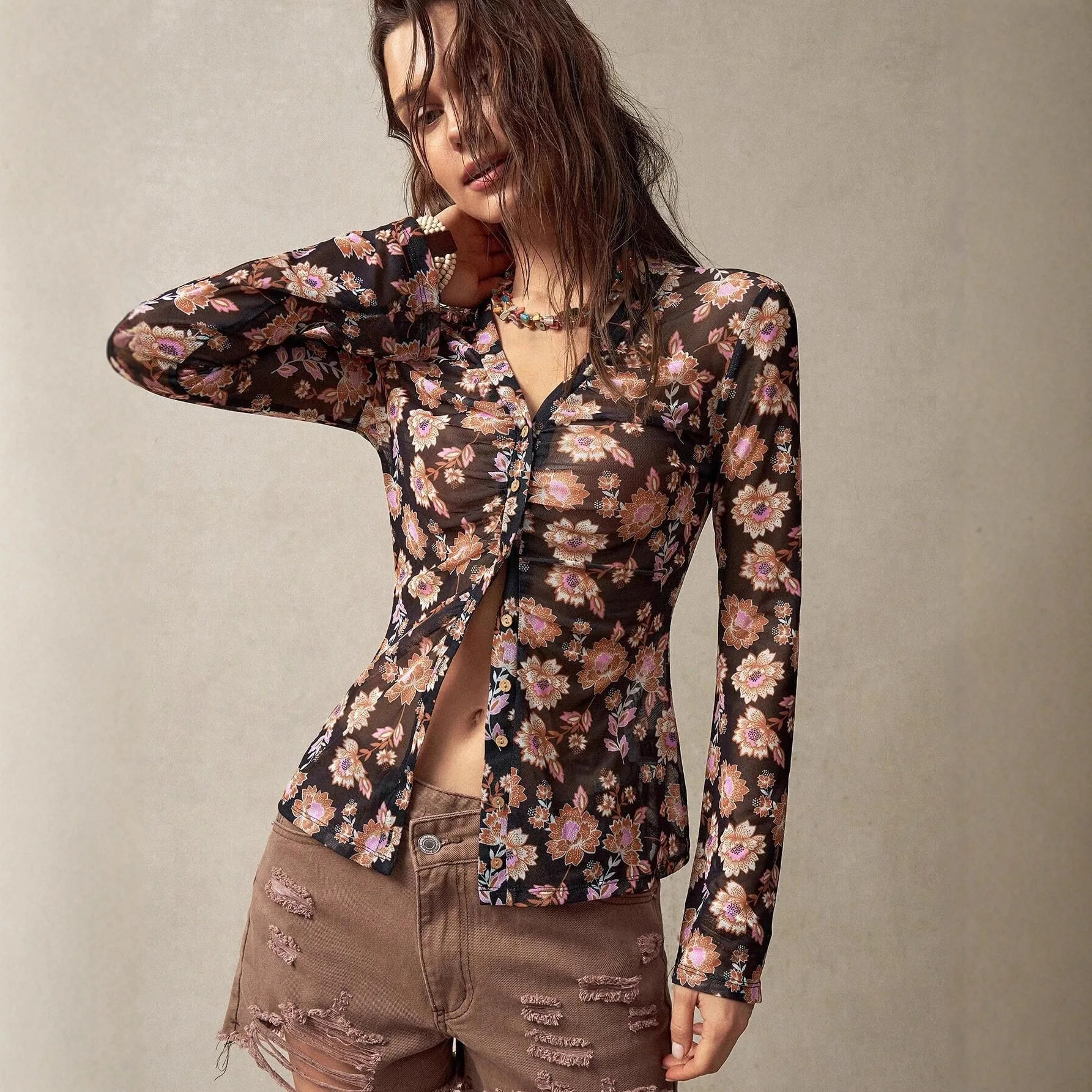 Autumn Spring Y2k Floral Print Long Sleeve Blouse Elegant V Neck Ruched Button Shirts Women's Fashion Summer Casual Slim Fit Top