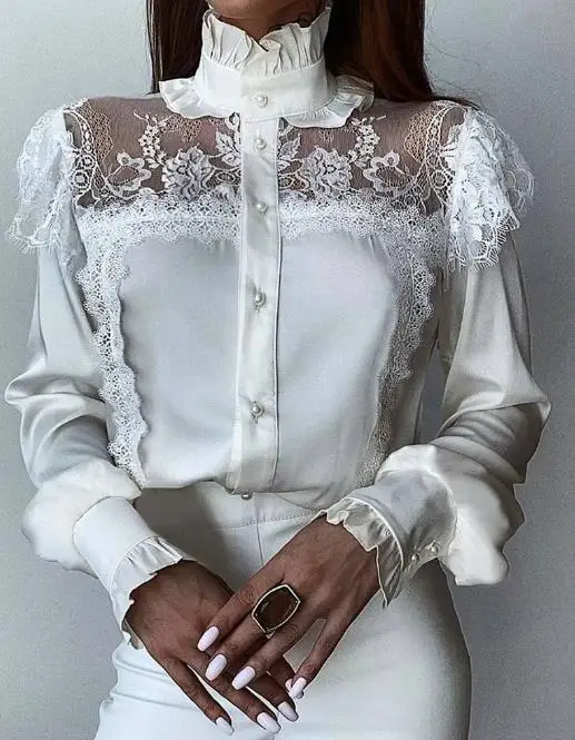 

Urban Style for Women 2024 Spring Summer Shirt New Fashion White Turtleneck Lace Patchwork Shirt with Wooden Ear Trim Top Shirt