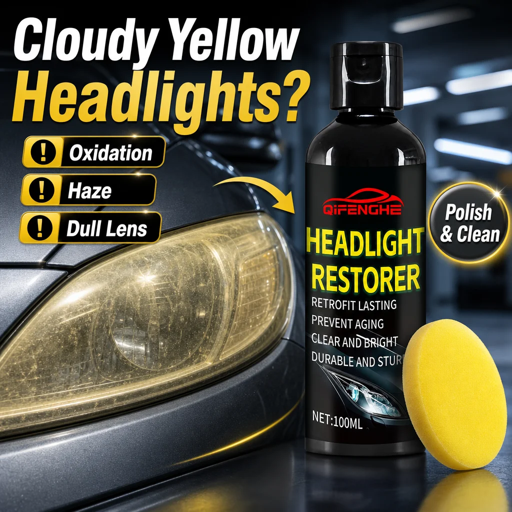 QIFENGHE Headlight Restorer 100ml with Sponge Car Headlamp Cleaner Polish Restores Clarity Removes Yellow Haze Oxidation