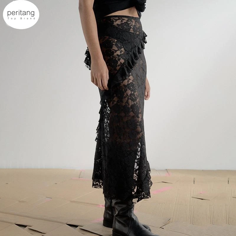 

PERITANG Sexy See Through Lace Women Skirt Black High Waist Floral Y2k Skirt Femme Summer Casual Vacation Out Streetwear 2024