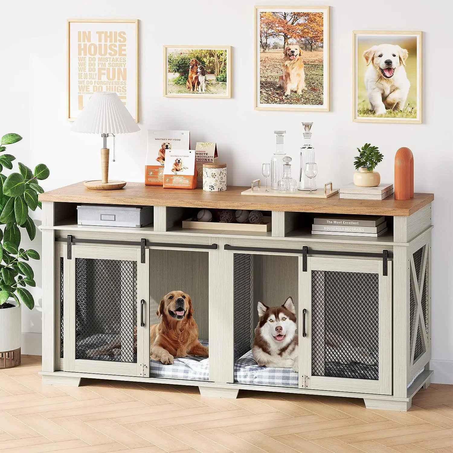 Pet Furniture Dog Cage Wooden Iron Wood Kennel Double Door TV Cabinet Indoor Pet Cabinet Box