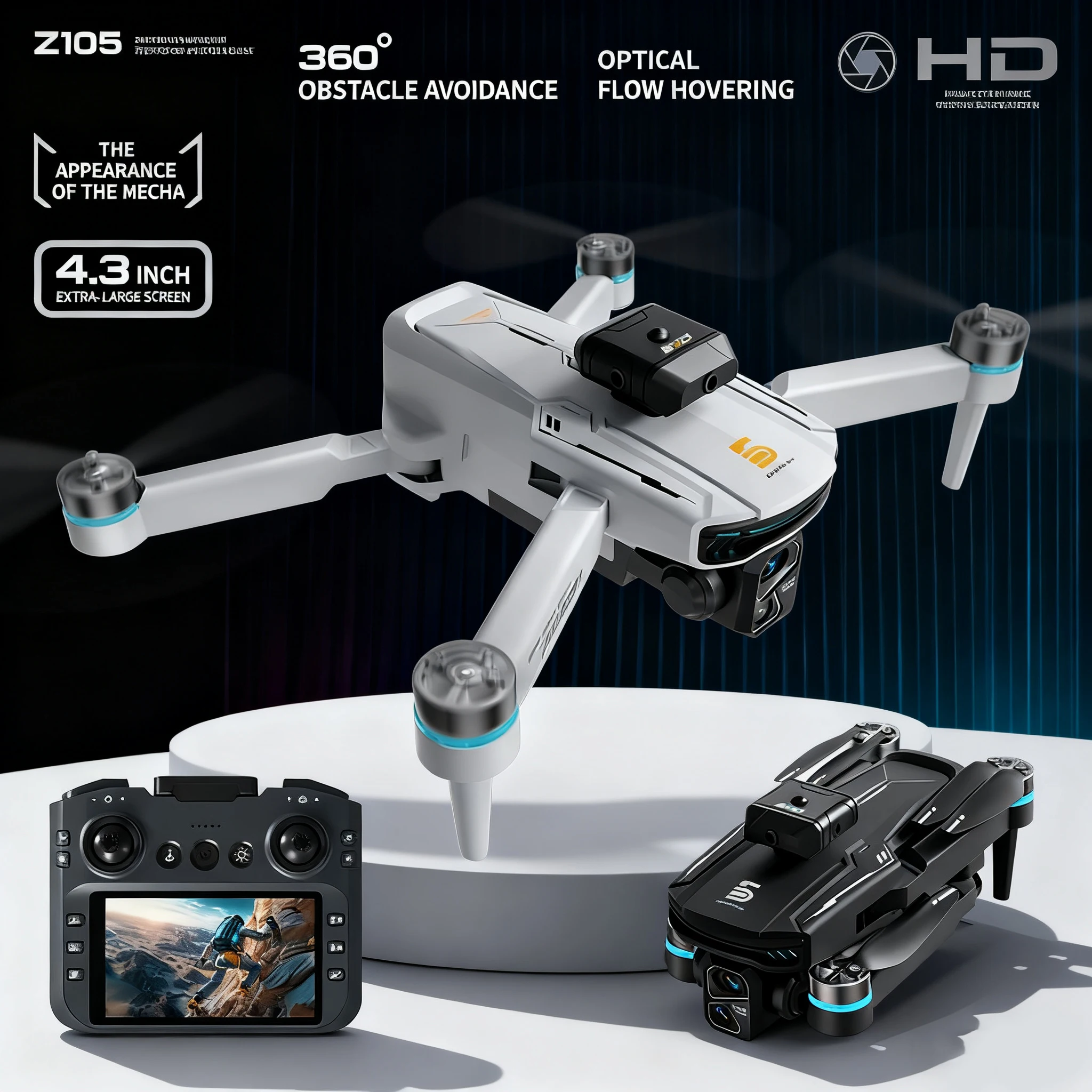 Z105 RC Drone Quadcopter، كاميرا مزدوجة 4K، 2.4G WIFI، قابلة للطي بدون فرش، تجنب العوائق بالأشعة تحت الحمراء، طريق مخصص، شاشة 4.3 بوصة،