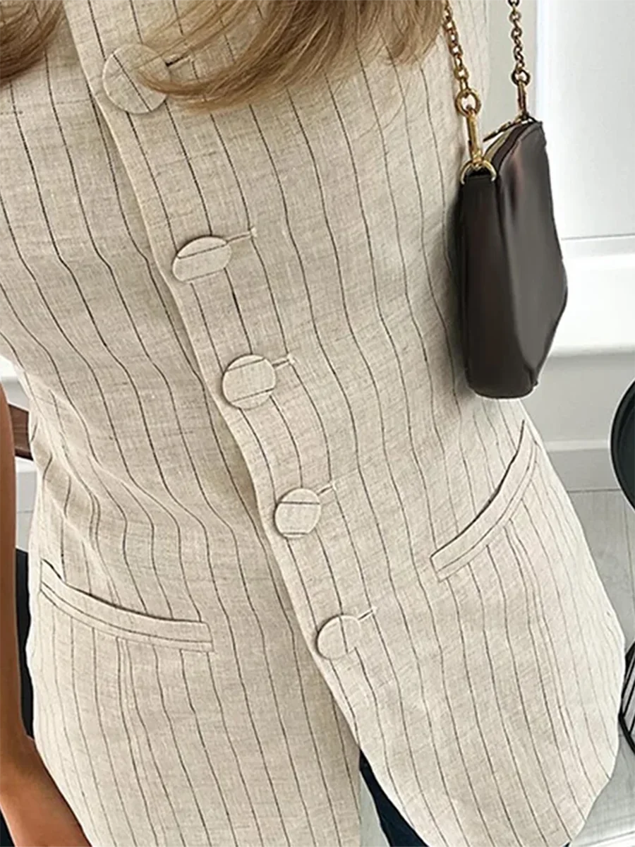 Women s Striped Long Vest Tops Button-up Sleeveless Dressy Suit Jacket Round Neck Waistcoat