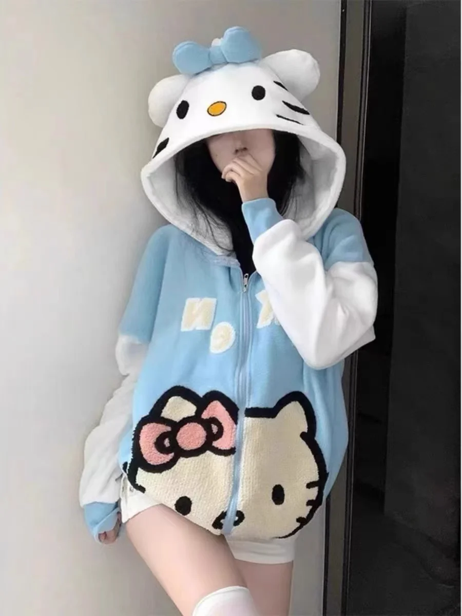 College Style Sweet Cool Kawaii Hooded Hoodies Women's Cartoon Print Loose Oversize Cardigan Jacket Autumn and Winter New 2024