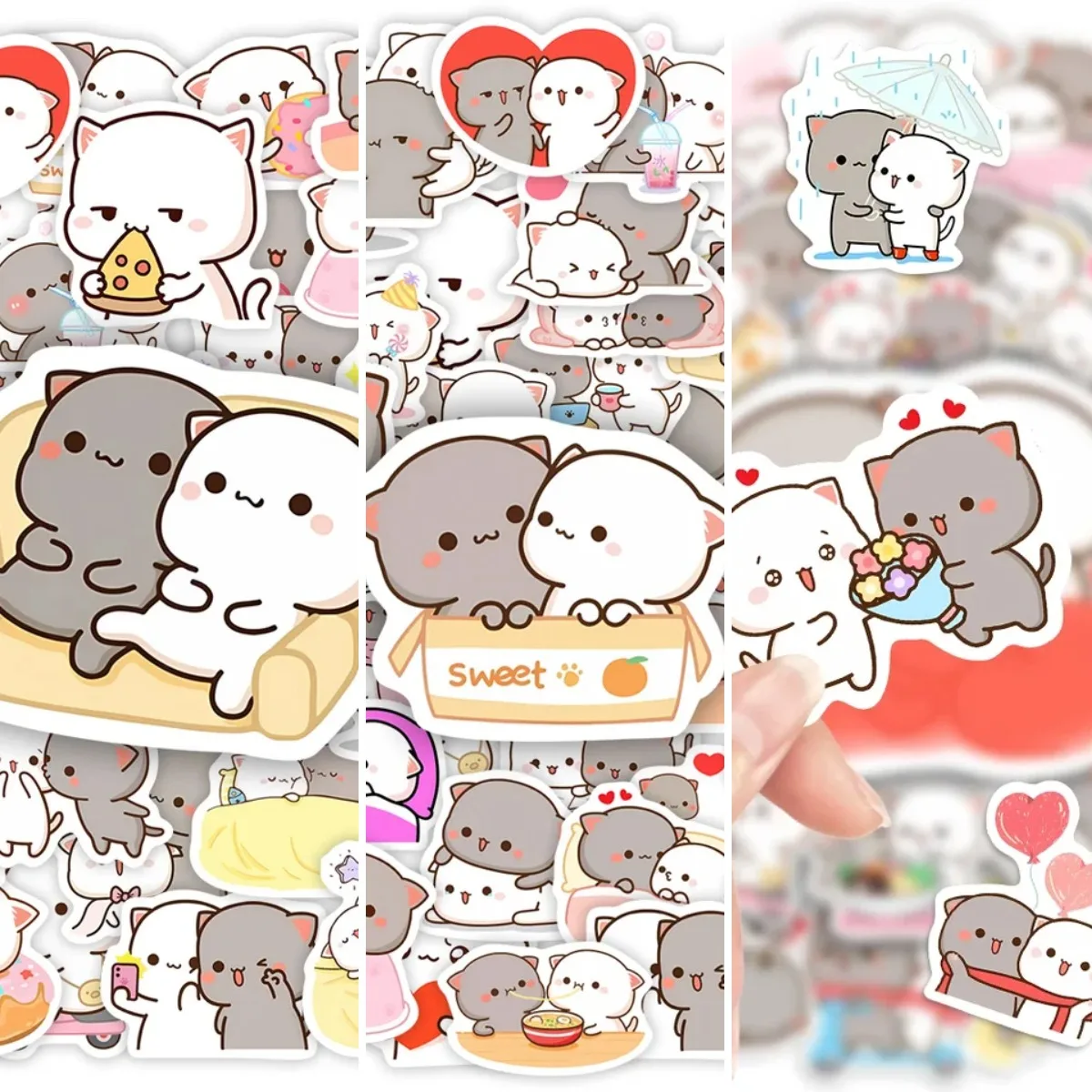 Adorable feline duo decals featuring playful cartoon style and kawaii aesthetics ideal for personalizing notebooks laptops skate