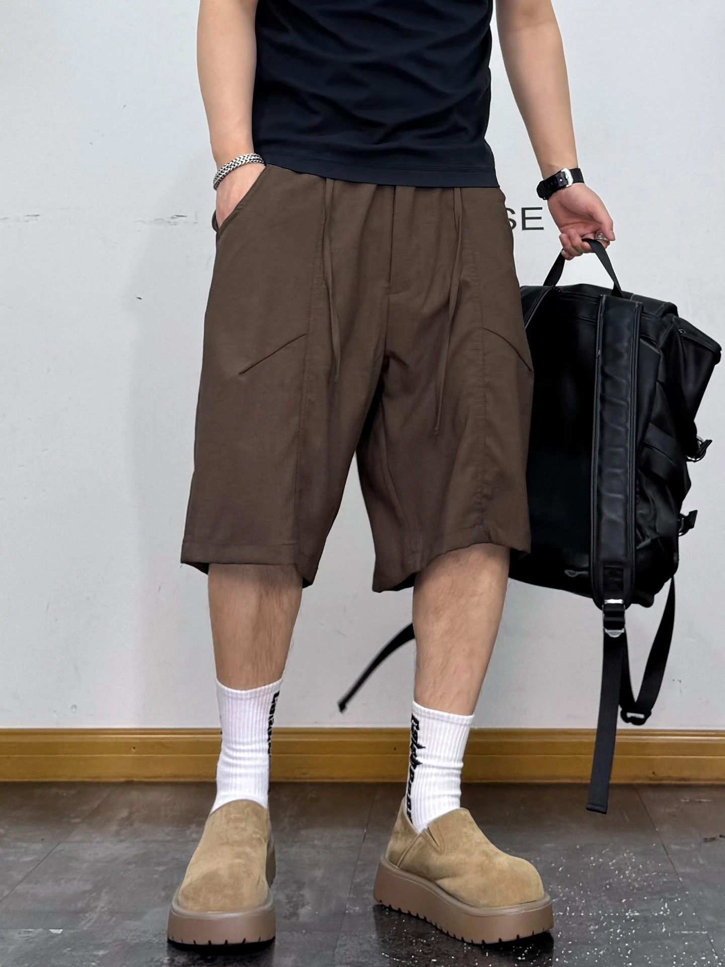 American Baggy Cargo Shorts Multi Pockets Mens Mid Length Loose Fit Elastic Waist Drawstring Casual Trendy Versatile Minimalist