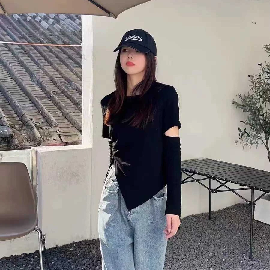 Koszulki z dziurami damskie czyste nowe iregularne Hip Hop seksowne jesienne zaprojektowane z długim rękawem eleganckie estetyczne młode proste dziewczyny topy Harajuku