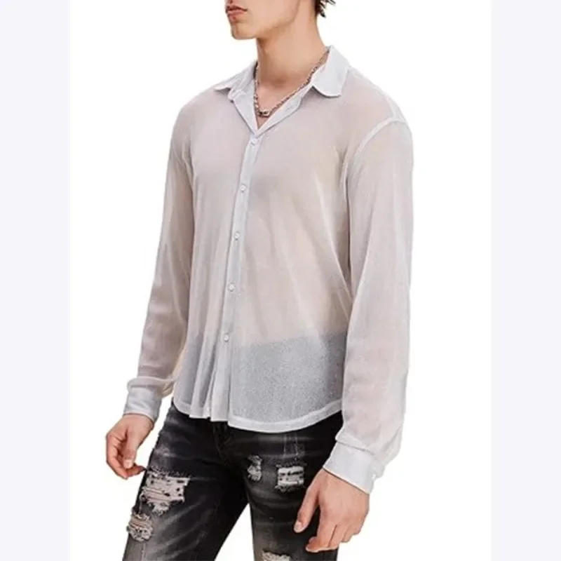 

Summer White Thin Perspective Mens Shirt Breathable Casual Top Night PerformanceTop for Men