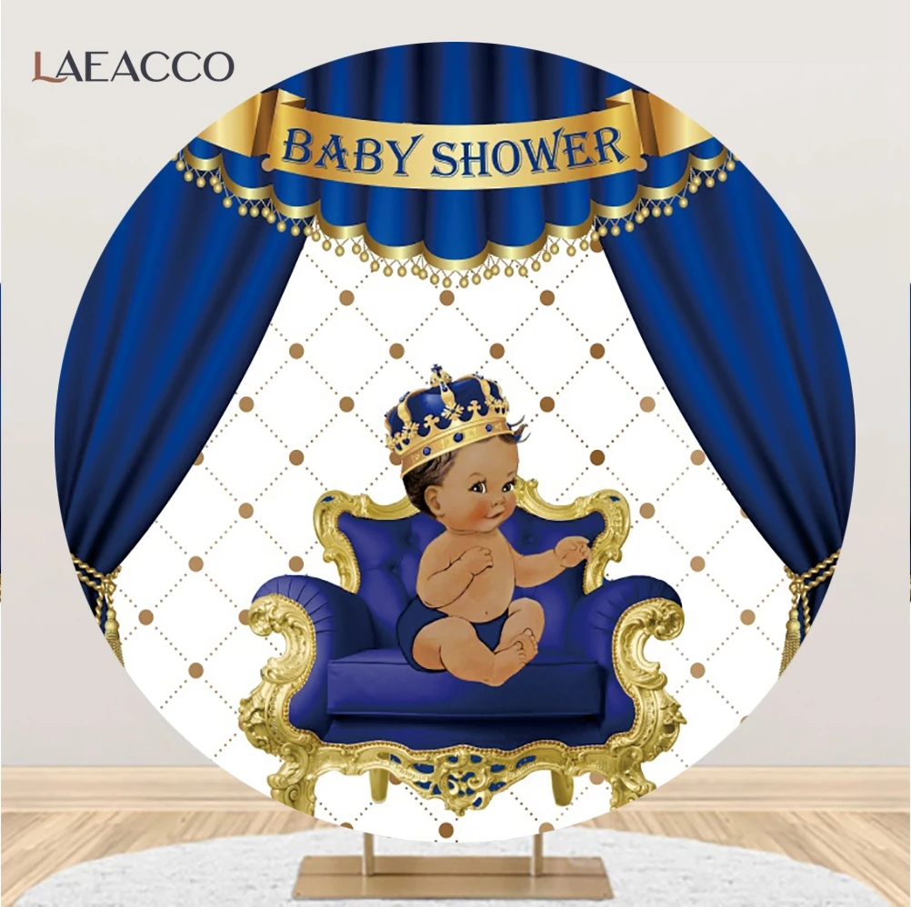 Royal Blue Crown Prince Birthday Round Backdrop Cover Boys Girls Baby Shower Newborn Party Decor Circle Photography Background