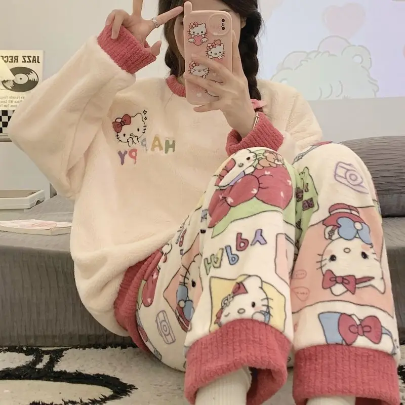 Kawaii Cinnamoroll Pajamas Women Hello Kittys Winter Coral Velvet Warm Student Kuromi Cute Girl Cartoon Long Sleeve Home Clothes