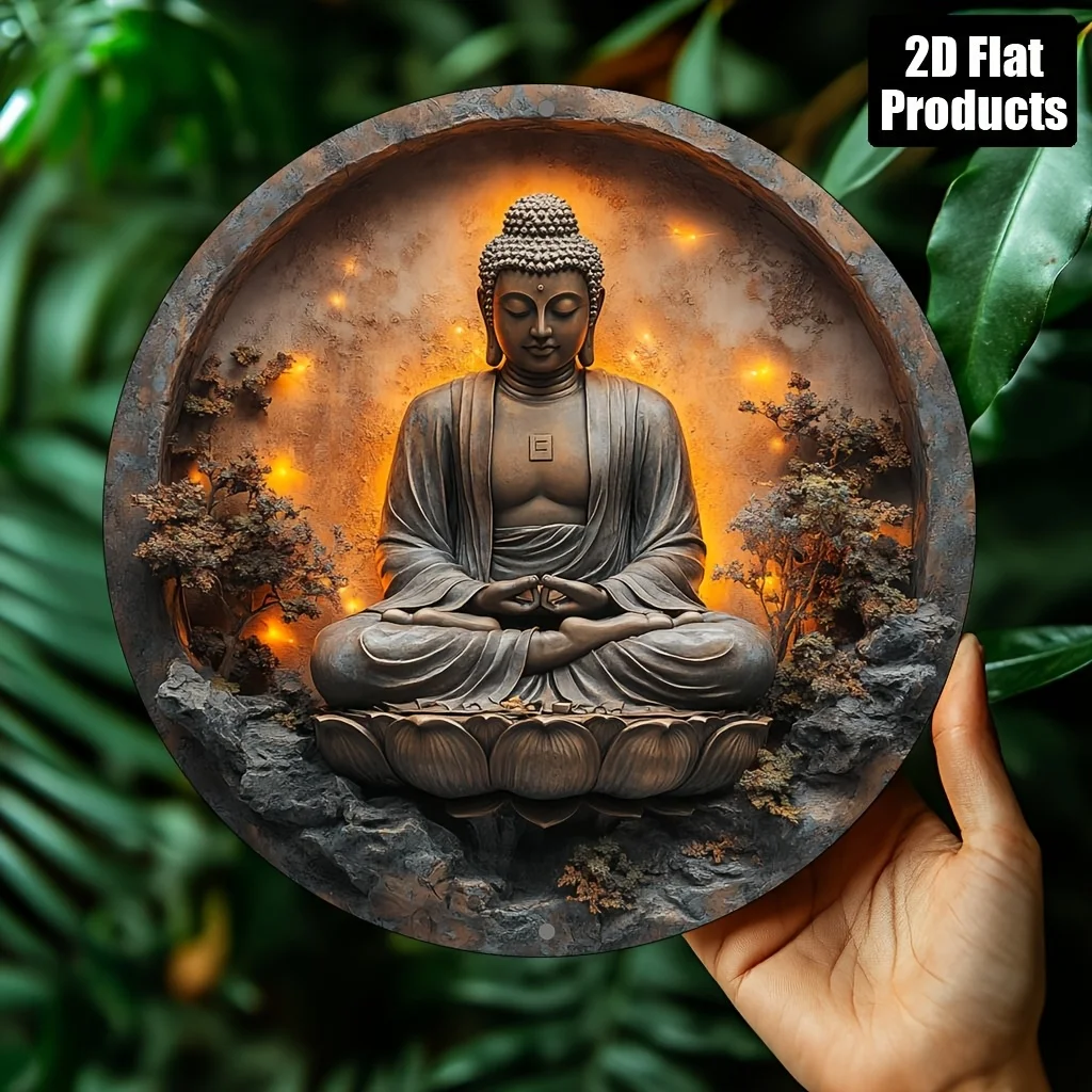 2D Flat, 1pc, Buddha statue Theme, circular aluminum metal decorative signboards and plaques, home decoration, suitable for bar,