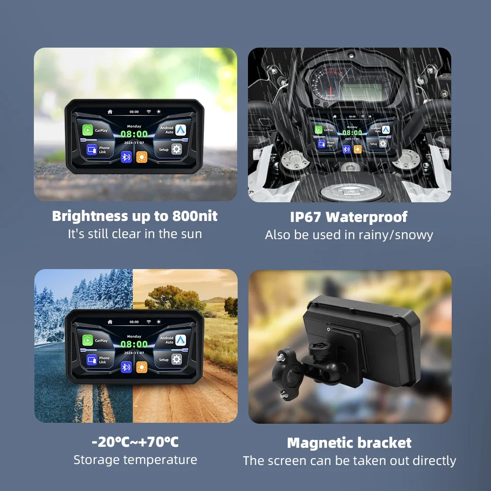 Qzonnect 2025 6" GPS para motocicleta CarPlay Android Auto, IP67, 5GHz WiFi, Bluetooth 5.0, TPMS opcional, TF Max 64G