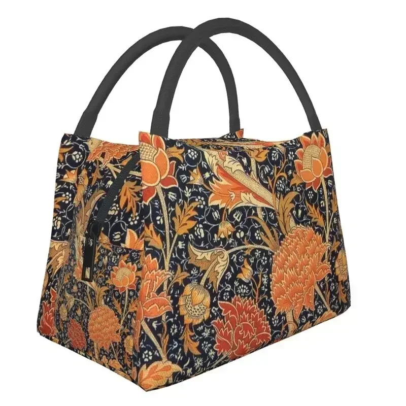 William Morris Orange Cray Floral Art Thermal Insulated Lunch Bag Women Textile Pattern Portable Lunch Storage Meal Food Box