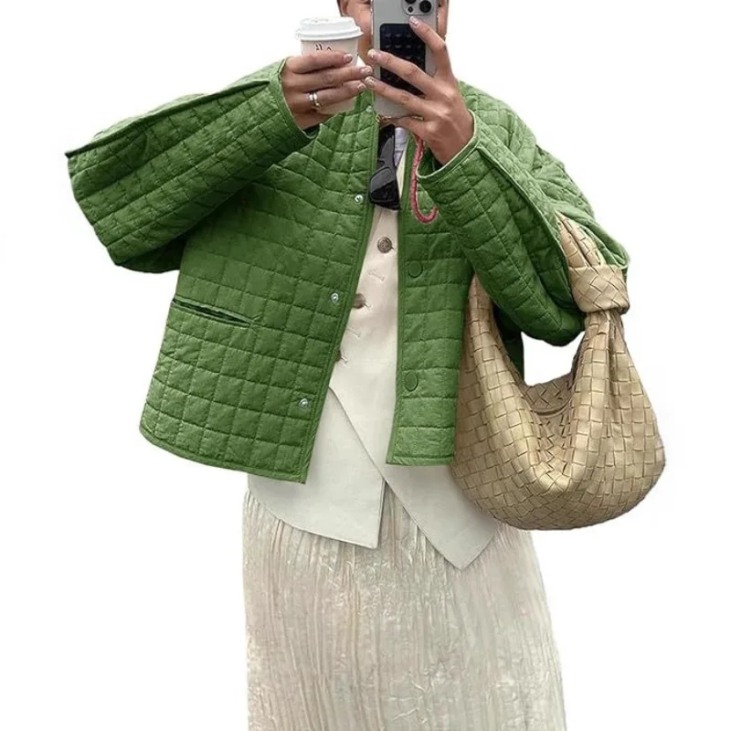 Autumn and Winter Harajuku Monochrome Plaid Quilted Coat Round Neck Pocket Cotton-padded Jacket