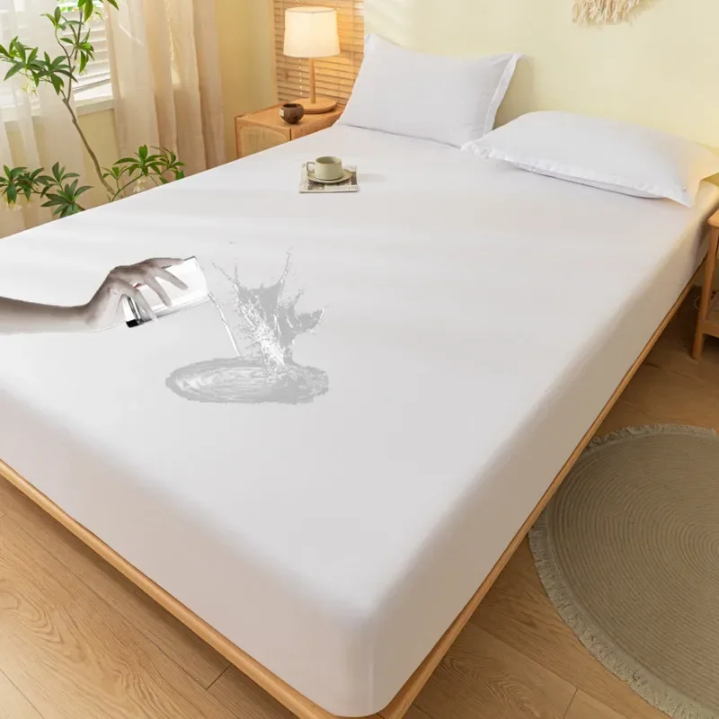 Waterproof Solid Fitted Sheet Set Simple Mattress Topper Pillowcase for Hotel Skin-Friendly Non-Slip Mat Kit for Four Seasons