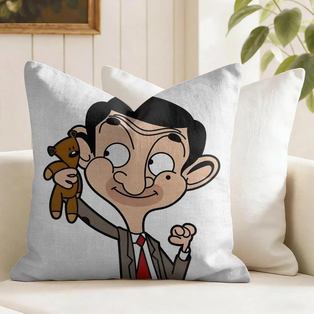 M-Mr. BeanS Cartoon Cushion Cover Eco Linen Pillow Case Double-Sided Print Breathable Durable Zipper Home Decor Gift
