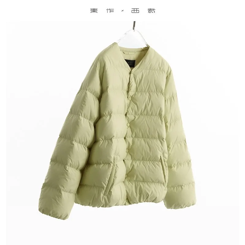 เสื้อแจ็คเก็ตขนห่านน้ำหนักเบา เสื้อโค้ทสั้นสำหรับผู้หญิง ชั้นในอเนกประสงค์ที่ให้ความอบอุ่นแบบไม่มีปก ฤดูหนาว