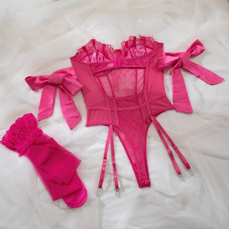 Toucheart Pakaian Dalam Seksi Wanita Tali Sutra Pita Lingerie Seksi Jumpsuit Stoking Set Lingerie Seksi Tembus Pandang Jaring Warna Solid